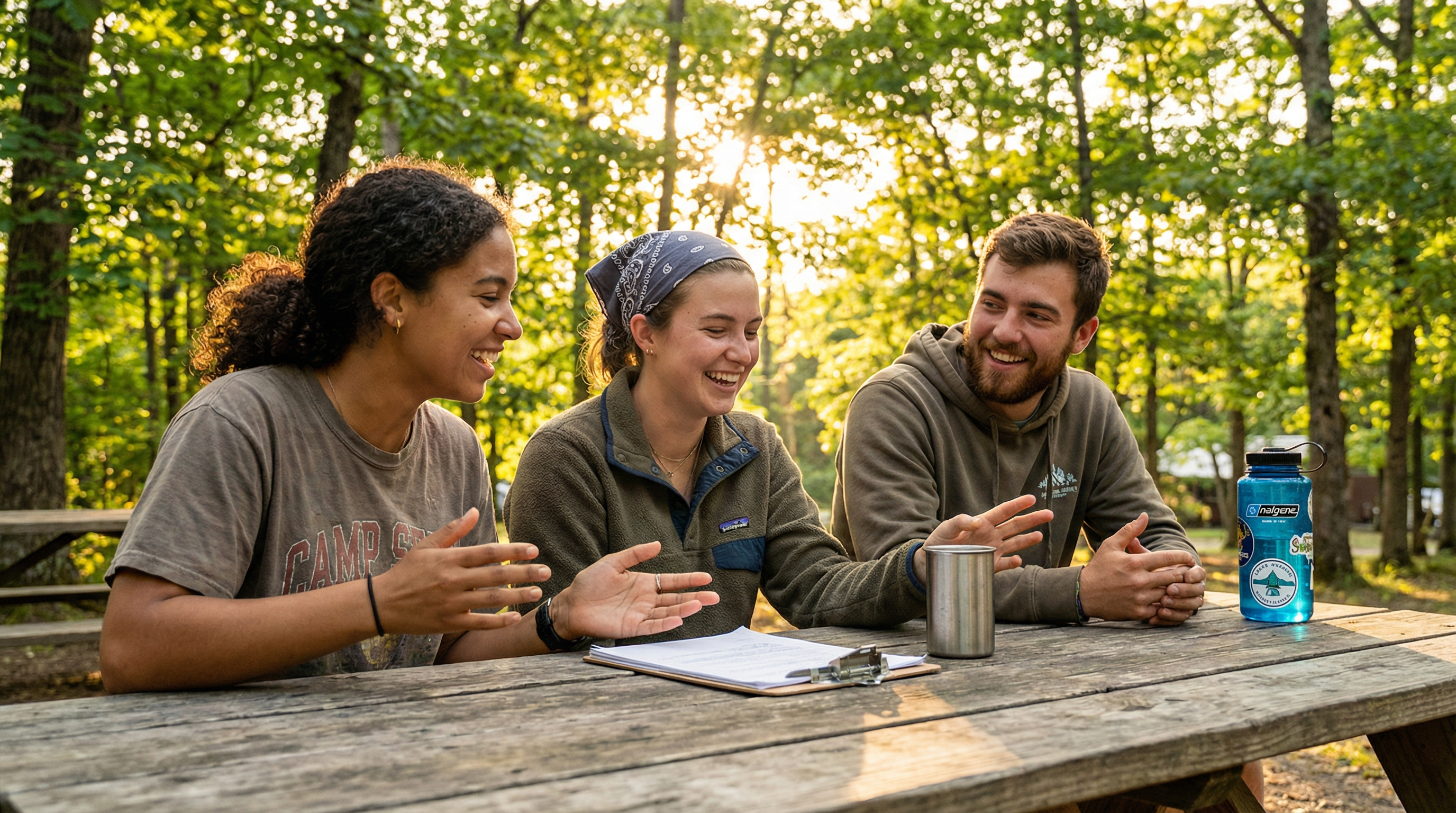 Three young camp counselors laughing together at a picnic table during golden hour